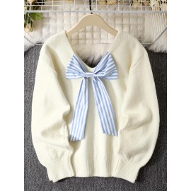 [Cozy Sweater] Cozy Long Sleeve V-Neck Sweater with Back Bow Detail | Women's Light Gray Polyester Blend Casual Fall/Winter Top, Machine Washable