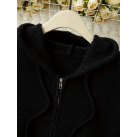 Women's Casual Oversized Hooded Cardigan - Thickened Winter Sweater with Double Zipper Front, Ribbed Cuffs & Hem, Earthy Brown, Medium Stretch for Fall & Winter Layering