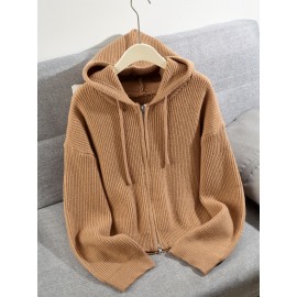 Women's Casual Oversized Hooded Cardigan - Thickened Winter Sweater with Double Zipper Front, Ribbed Cuffs & Hem, Earthy Brown, Medium Stretch for Fall & Winter Layering