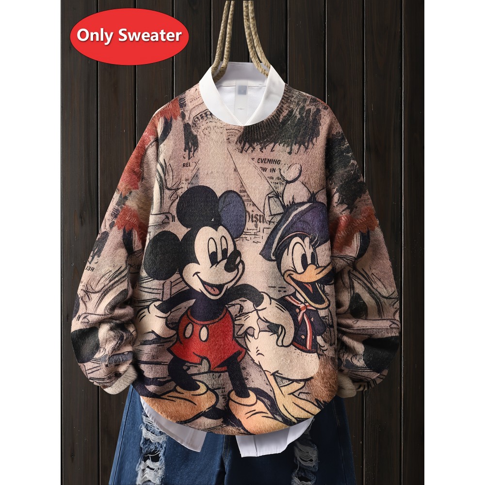 [Disney Vintage Cartoon Sweater] Disney Mickey Mouse & Minnie Mouse Vintage Cartoon Print Women's Sweater - Soft Stretchy Long Sleeve Pullover with Ribbed Trim, Loose Fit Round Neck Casual Top for All-Season Comfort, Cute Character Design