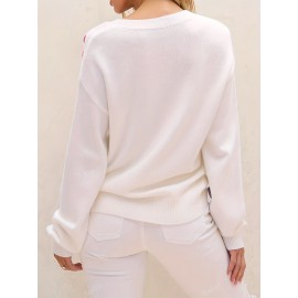 [Elegant Sweater] Valentine's Day Elegant Long Sleeve Crew Neck Sweater | Solid Color, Cute Flower Decorations, Women's Fashion - All Seasons