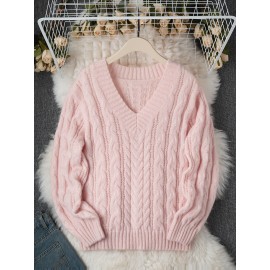 Gentle Pink Lazy Style Premium Loose V-Neck Twist Sweater for Women