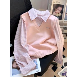 Women's Elegant Collar Sweater - Two-in-One Mock Layering Design, All-Season Office & Formal Events Sweater in Grey & Blue Horizontal Stripes, Non-Transparent Sweater for Women, Ladies Sweaters, Comfortable Fit