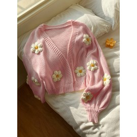 [Floral Cardigan for Women] Floral Pattern Women's Beige Cardigan - Long Sleeve Sweater with Round Neck for Spring/Fall Layering | Everyday & Formal Outfits, Lightweight Fabric, Textured Knitwear, Durable Knitwear, Office Wear, Fall Wardrobe