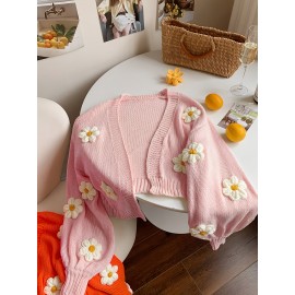 [Floral Cardigan for Women] Floral Pattern Women's Beige Cardigan - Long Sleeve Sweater with Round Neck for Spring/Fall Layering | Everyday & Formal Outfits, Lightweight Fabric, Textured Knitwear, Durable Knitwear, Office Wear, Fall Wardrobe