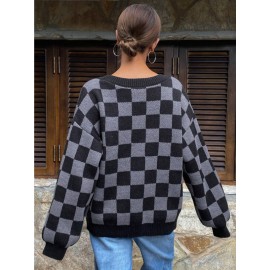 Checkerboard Pattern Casual Cardigan Sweater for Women, Long Sleeve Tops