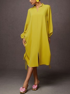 Women's Elegant Mustard-Yellow Loose-Fit Shirt Dress with Stand-Up Collar & Lantern Sleeves - Adjustable Drawstring Waist, Long Sleeves, Machine Washable, Spring/Summer/Fall Casual to Semi-Formal Wear, Flowy Fabric Gown