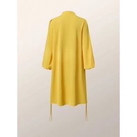 Women's Elegant Mustard-Yellow Loose-Fit Shirt Dress with Stand-Up Collar & Lantern Sleeves - Adjustable Drawstring Waist, Long Sleeves, Machine Washable, Spring/Summer/Fall Casual to Semi-Formal Wear, Flowy Fabric Gown