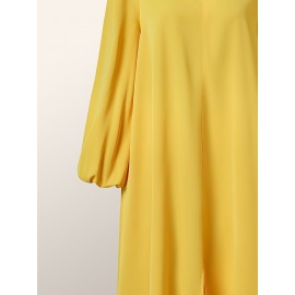 Women's Elegant Mustard-Yellow Loose-Fit Shirt Dress with Stand-Up Collar & Lantern Sleeves - Adjustable Drawstring Waist, Long Sleeves, Machine Washable, Spring/Summer/Fall Casual to Semi-Formal Wear, Flowy Fabric Gown