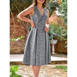Elegant Women'S Dress - Deep V-Neck, Sleeveless A-Line with Button Detail, Fitted Silhouette, Gray Plaid Pattern, Perfect for Fall/Winter, Adult Fashion, Elegant Attire | Sleeveless Fashion | Construction, Cute Dresses