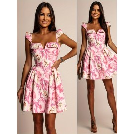 Women's Elegant Floral Dress - Square Neck flared skirt, Pink Floral Print, for Party, Date, Wedding - Women's Formal & Casual Outfits