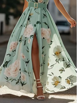 Women'S Elegant Floral maxi dress - One Shoulder Formal & casual party, Wedding Guest Gown - Lightweight Chiffon A-Line Dress with Flowy Train - Spring/Summer/Fall Evening Outfits - LL168, Spring Fashion, Asymmetrical Hemline, Delicate Detailing