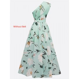 Women'S Elegant Floral maxi dress - One Shoulder Formal & casual party, Wedding Guest Gown - Lightweight Chiffon A-Line Dress with Flowy Train - Spring/Summer/Fall Evening Outfits - LL168, Spring Fashion, Asymmetrical Hemline, Delicate Detailing