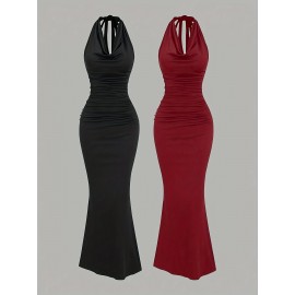 2pcs Elegant Halter Neck Mermaid Dresses - Ruched Bodycon Party & Casual Wear for Women, Black and Red, Machine Washable, Spring/Summer Collection, Spring Summer Attire, Sophisticated Silhouette, Comfortable Fit