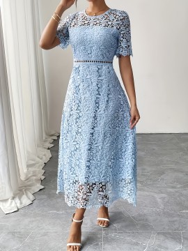 Women'S Elegant Long Formal/semi-formal Dress - Flowy A-Line Party Wedding Guest Gown, Round Neck Short Sleeve Evening Dress for Women, Special Occasion, Feminine Design, Delicate Lace, Lace Detailing, Bridal Guest