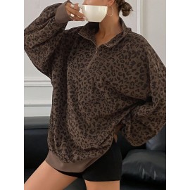 Women'S Stylish Leopard Print Sweatshirt with Front Zipper - Casual Long Sleeve Pullover, Brown & Gray Animal Print Design, Soft Polyester Fabric, Perfect for Spring & Fall