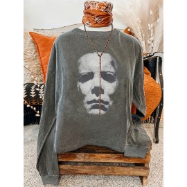 0807 Circle, 1pc Casual Women'S Sweatshirt, Round Neck, Long Sleeve, Halloween Print, Suitable for Autumn and Winter as well as All Seasons, Women'S Clothing, Halloween Clothing | Halloween Print Top | Construction, Halloween Costumes