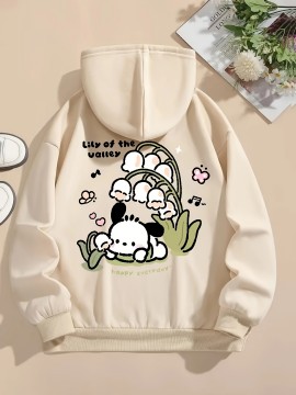 [Cute Cartoon Hoodie] Cute Cartoon Graphic Women's Fashion Hoodie | Long Sleeve, Drawstring Hood, Beige, Casual Fall/Winter Pullover