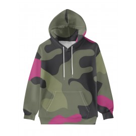 Women's Full-Body Pink & Green Camo Sweatshirt - Long Sleeve Hoodie with Drawstring Hood, Stretchy Polyester Pullover for Casual Streetwear, Everyday Outfits - Machine Washable Women's Clothing, Spring Autumn Apparel, Comfortable Fit