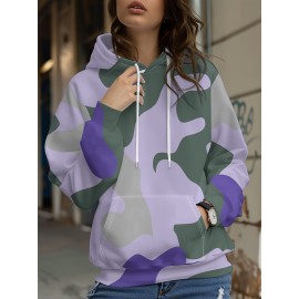 Women's Full-Body Pink & Green Camo Sweatshirt - Long Sleeve Hoodie with Drawstring Hood, Stretchy Polyester Pullover for Casual Streetwear, Everyday Outfits - Machine Washable Women's Clothing, Spring Autumn Apparel, Comfortable Fit