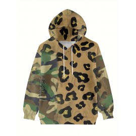 Women'S Camo Leopard Print Hoodie - Stylish Long Sleeve Pullover with Drawstring, 3D Digital Print, Stretchy Polyester, Casual Fit, Green & Black Design, Casual Wear Hoodie | Trendy Casual Style | Drawstring Hoodie