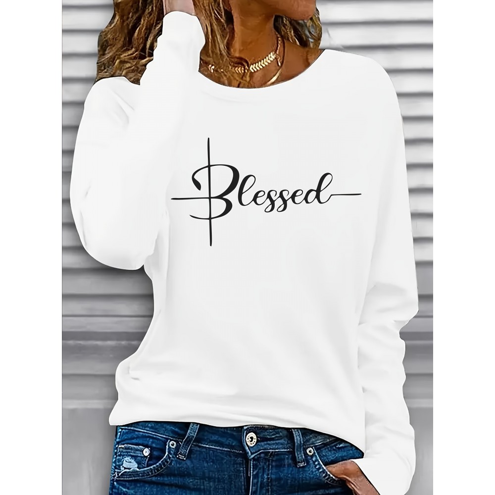 Women'S Long Sleeve T-Shirt - Blessed Script Lettering Top, Soft Everyday Casual Shirt for Everyday & Formal Outfits, All-Season Layering Essential Basic Tops for Women, Versatile Clothing, Classic Round Neckline, Durable Fabric