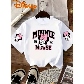 Disney Minnie Mouse 32nd Birthday T-Shirt - Black Casual Short Sleeve Tee with Pink Bow & Red Accents, Lightweight Polyester, Perfect Gift for Disney Fans, Spring/Summer Wear, Disney Shirts