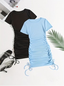 Women's 2pcs Set Summer Solid Color Striped Pleated Tie-Back Round Neck Short Sleeve Dress Special Edition