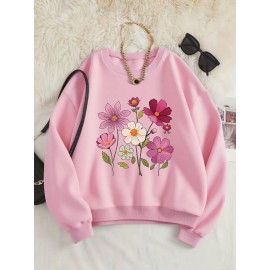 Women's Floral Print Crew Neck Sweatshirt - Pink with Multicolor Flower Design, All-Season Casual Pullover, Soft Machine-Washable Fabric, Cozy Everyday Sweater for Women (No Dry Clean)