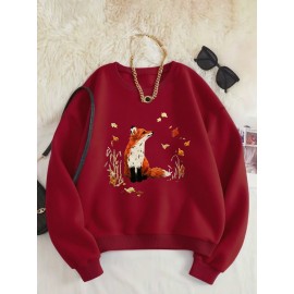 Women'S Cozy Crew Neck Sweatshirt with Vibrant Fox & Floral Print - Casual Long Sleeve Pullover for Fall & Winter, Soft Polyester Blend, Machine Washable, Allseason Apparel | Vibrant Print Top | Polyester Blend, Fox Sweatshirt