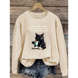 Women'S Casual Crew Neck Sweatshirt with Cat & Book Quote, 100% Polyester Knit Fabric, Animal Pattern, All-Season Lightweight 260gsm - Fall & Spring Fashion Top
