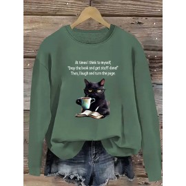 Women'S Casual Crew Neck Sweatshirt with Cat & Book Quote, 100% Polyester Knit Fabric, Animal Pattern, All-Season Lightweight 260gsm - Fall & Spring Fashion Top