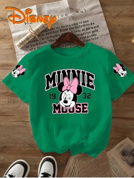 Disney Minnie Mouse 32nd Birthday T-Shirt - Black Casual Short Sleeve Tee with Pink Bow & Red Accents, Lightweight Polyester, Perfect Gift for Disney Fans, Spring/Summer Wear, Disney Shirts