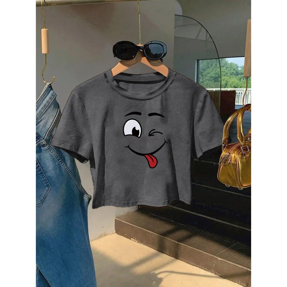 Women's Sexy Slim Fit Cropped T-Shirt - Dark Green joyful Face Tee, Machine Washable Casual Summer Top for Everyday Outfits & Parties, Ladies T Shirts, Weekend Fashion, Trendy Tee, Soft Texture, Short Sleeve Shirt, Fashion Lovers